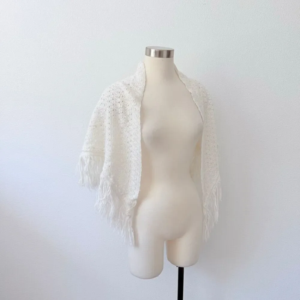 White Knit Crochet Fringe Tassel Shawl Scarf Open Drape Boho